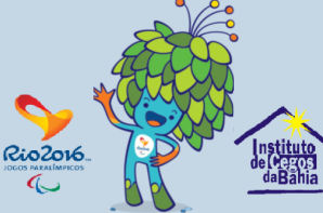 Foto: A foto tem o fundo na cor azul ciano, (da esquerda para direita) a logo dos jogos paralimpicos 2016, a figura do mascote paralimpico 2016 está ao centro e a logo do ICB no canto direito. 