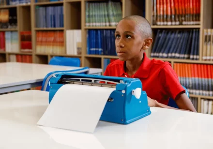 foto de um garoto cego, vestido com uma camisa vermelha. Ele está na biblioteca do ICB, sentado, debruçado sobre uma mesa, escrevendo em uma máquina Braille azul. Ao fundo, estantes com livros.