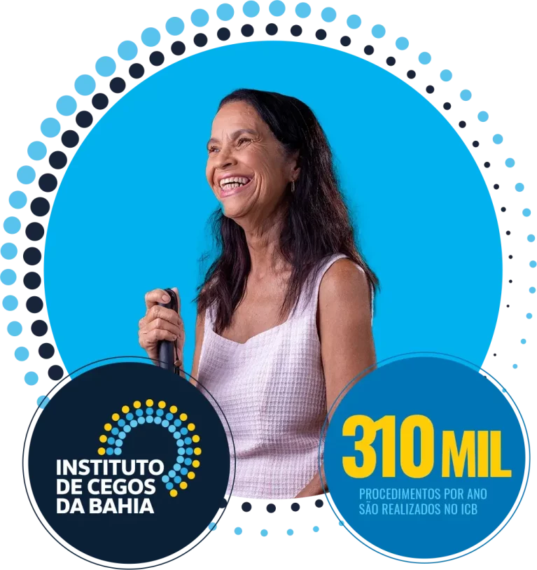 foto de uma senhora cega, com um vestido branco. Ela está de pé, sorrindo e segurando uma bengala.